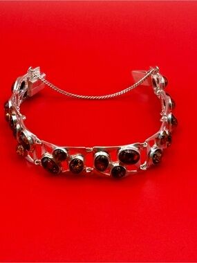 Vintage Polish Modernist Silver Multi-Tone Baltic Amber Link Bracelet 925 V-8⁠